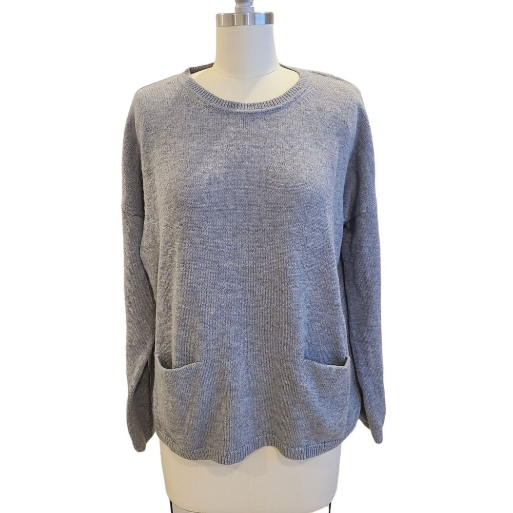 Massimo Dutti Wool Cashmere Gray Sweater Boxy Pockets Crew Tabs Back Zip Medium